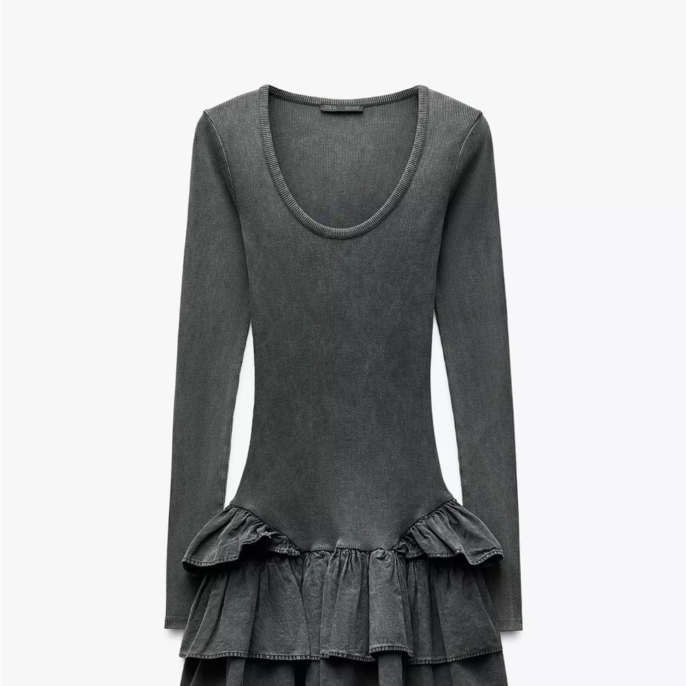 Zara Gray Long Sleeve Acid Wash Effect Mini Dress NWT Size L